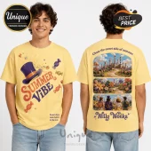 Yellow graphic t-shirt featuring purple top hat, candy illustrations, and Willy Wonka chocolate factory print on back.!