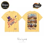 Yellow crewneck cotton t-shirt featuring purple Willy Wonka hat, candy graphics, and cinematic factory scenery.!