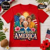Red cotton crew neck t-shirt featuring The Golden Girls, an American flag, a glowing cross, hibiscus flowers, and text.!