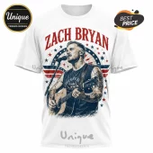 Zach Bryan white crewneck t-shirt featuring a singer playing guitar with red and blue star patterns on the background.!