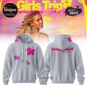 Light grey pullover hoodie featuring pink hibiscus flower graphics on front, hood, and back with Midnight Sun text branding.!