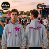 Light grey hoodie with pink hibiscus flower graphics on chest and back with Midnight Sun Zara Larsson text on back.!