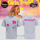 Light grey t-shirt featuring front and back views with pink hibiscus floral graphics and Midnight Sun Zara Larsson text.!