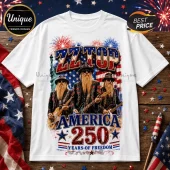 White t-shirt featuring ZZ Top band members, Statue of Liberty, US flag background, and text America 250 Years of Freedom.!
