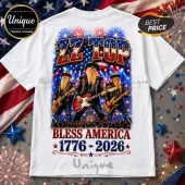White t-shirt featuring ZZ Top members, American flag background, fireworks, and text Bless America 1776-2026.!