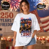 White oversized t-shirt featuring ZZ Top band members, American flag background, fireworks, and 250 Years of Freedom text.!