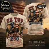 ZZ Top band graphic t-shirt featuring American flag background, song list, and 250 years of freedom text design.!