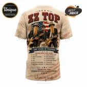 ZZ Top band members with American flag background, guitar graphics, and song titles printed on a beige all-over print shirt.!