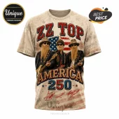 ZZ Top band members with American flag graphic on beige t-shirt, featuring the text ZZ TOP AMERICA 250 and signatures.!