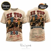 ZZ Top America 250 patriotic t-shirt with band portrait, US flag background, and song list on back in cream and red tones.!