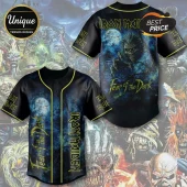Iron Maiden Fear of the Dark graphic baseball jersey with button-down front, featuring Eddie character on black fabric.!