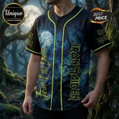 Iron Maiden Fear of the Dark baseball jersey featuring neon yellow trim, full moon graphics, and dark forest imagery.!