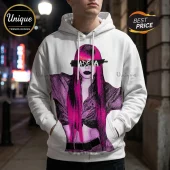 Adela The Red Bottoms Tour white hoodie featuring a graphic of a woman with vibrant pink hair and a black eye-bar logo.
