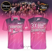 Adelaide Thunderbirds polo shirt in pink and black featuring 3X Suncorp Super Netball Champions 2023-2026 print.!