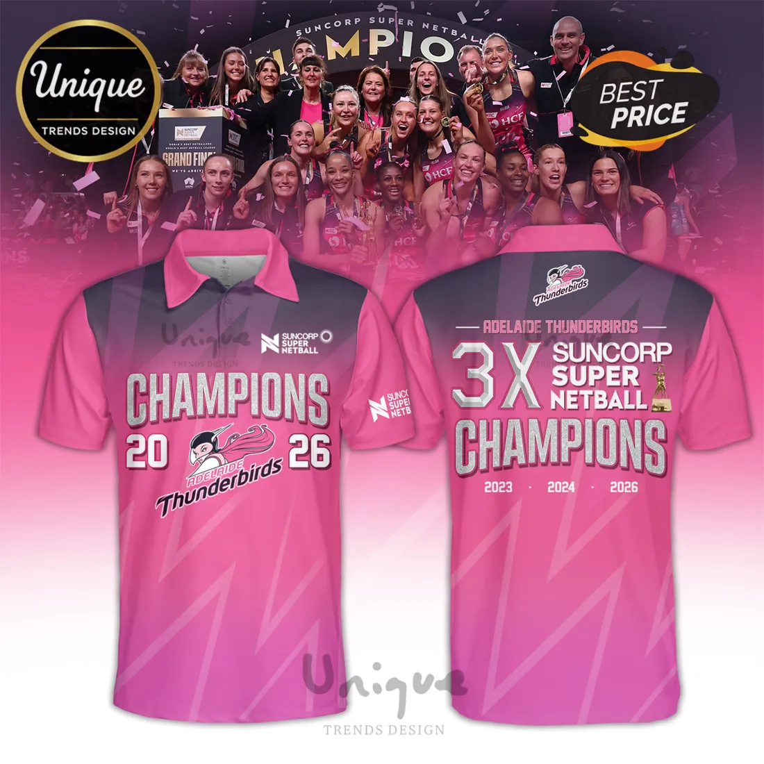 Adelaide Thunderbirds 2026 Champions Pink Polo Shirt Adelaide Thunderbirds 2026 Champions Pink Polo Shirt