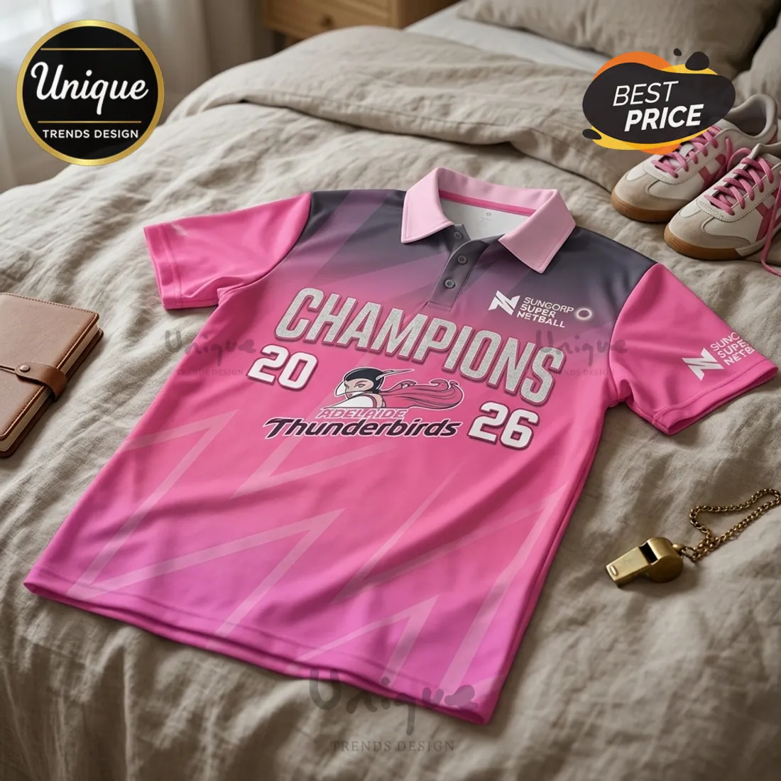 Adelaide Thunderbirds 2026 Champions Pink Polo Shirt Adelaide Thunderbirds 2026 Champions Pink Polo Shirt