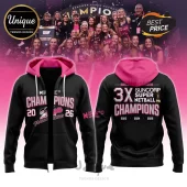 Black and pink Adelaide Thunderbirds Suncorp Super Netball 3X Champions hoodie showing team text, trophy graphic, and dates.!