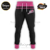 Black joggers with pink waistband and cuffs featuring the Adelaide Thunderbirds netball team logo on the thigh.!