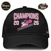 Black baseball cap featuring pink and white Adelaide Thunderbirds champions 2026 text and logo on the front panel.!