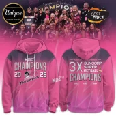 Adelaide Thunderbirds 3X Suncorp Super Netball champions pink hoodie with silver graphics and drawstring hood.!