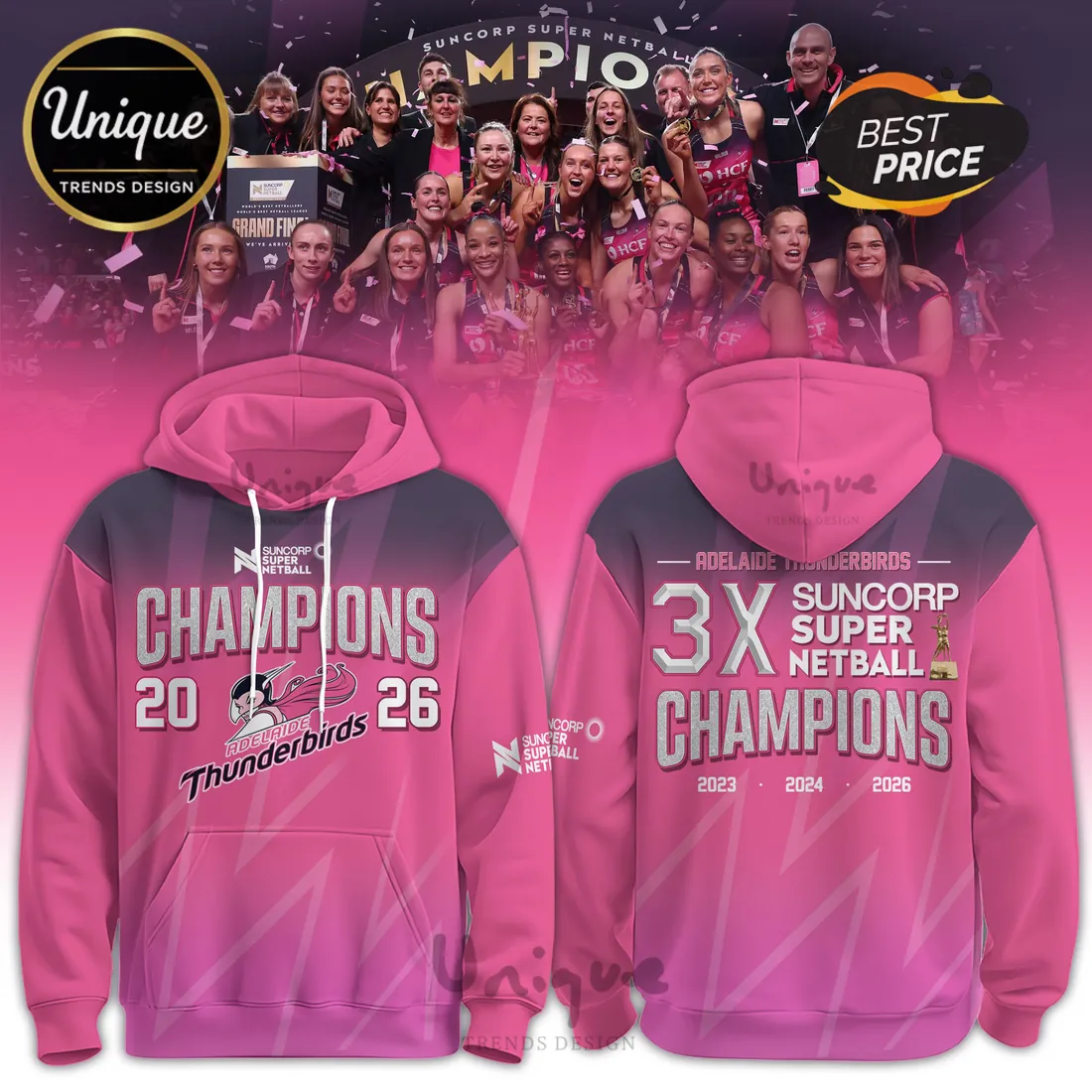 Adelaide Thunderbirds 3X Champions Pink Hoodie Adelaide Thunderbirds 3X Champions Pink Hoodie
