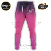 Adelaide Thunderbirds netball sweatpants with pink to black gradient, white drawstring, and team logo on the left thigh.!