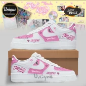 aespa Kiss N Tell Pink Custom AF1 Sneakers featuring white leather, pink accents, star motifs, and custom text branding.