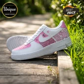 aespa Kiss N Tell Pink Custom AF1 Sneakers featuring white leather, pink accents, and black moon and star graphic patterns.