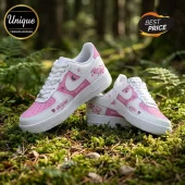 aespa Kiss N Tell Pink Custom AF1 Sneakers featuring white leather uppers, pink toe boxes, and dark pink k-pop inspired graphics.