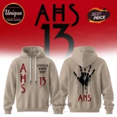 American Horror Story 13 tan hoodie with red drippy logo on front and black bloody handprint graphic on back.!