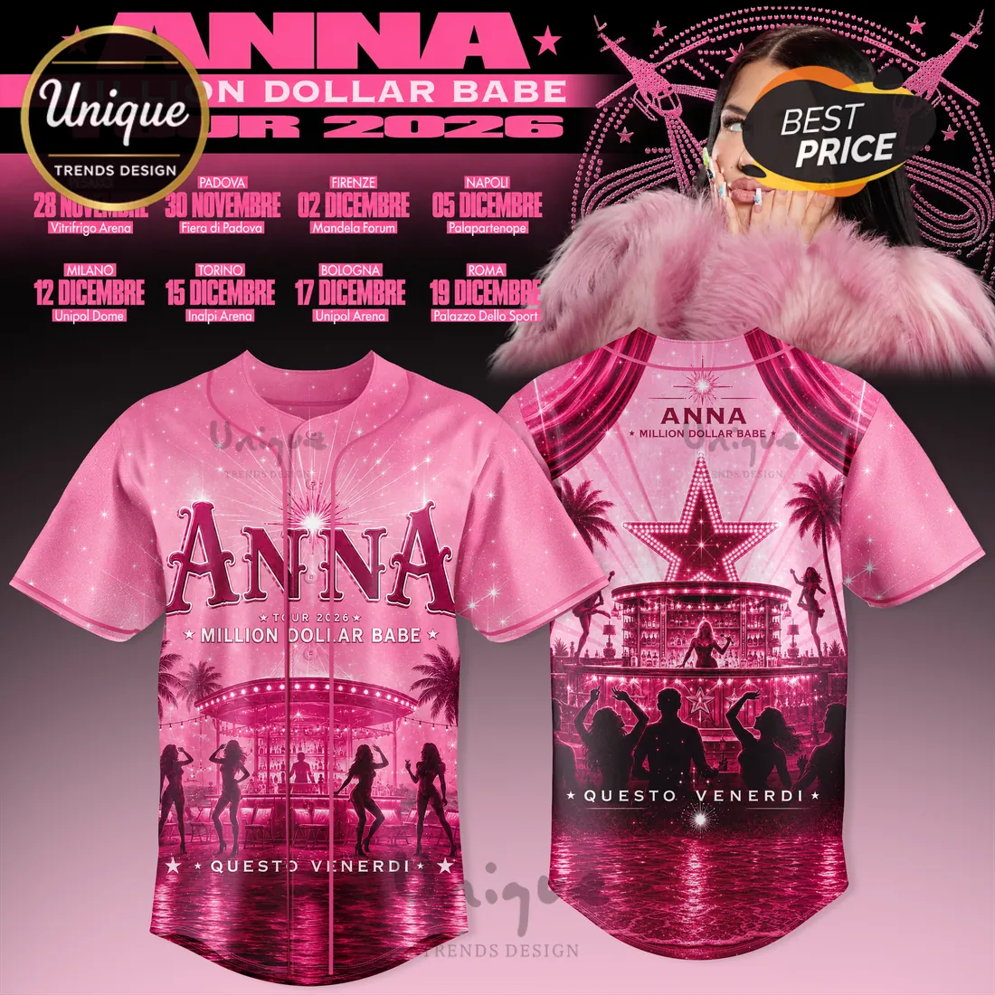 Anna Million Dollar Babe 2026 Tour Pink Baseball Jersey Anna Million Dollar Babe 2026 Tour Pink Baseball Jersey