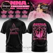 Black cotton t-shirt featuring pink graphic print of singer Anna, Million Dollar Babe text, and 2026 concert tour dates.!