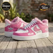 Custom pink and white leather sneakers with faux fur trim, MDB Million Dollar Babe logo, and custom name personalization.!