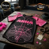 Black and pink baseball jersey with ANNA text, helicopter graphics, and Million Dollar Babe Tour 2026 print on wood table.!