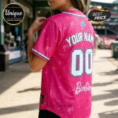 Barbie x Boston Red Sox Pink Baseball Jersey featuring a personalized back with number 00, sparkles, and team branding.
