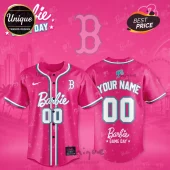 Barbie x Boston Red Sox pink baseball jersey showing front and back views with team logos and custom text options.