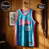 Barbie themed blue basketball jersey with pink trim, white star patterns, number 00, and Barbie logo on front.!