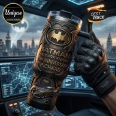 Batman Dark Knight 87th anniversary stainless steel travel tumbler featuring gold embossed logo and Batmobile design.!