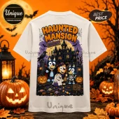 Bluey Boo Crew Halloween T-Shirt featuring cartoon characters in costumes standing before a haunted mansion graphic.