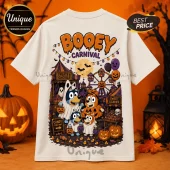 Bluey Family Too Cute To Spook Halloween T-Shirt featuring Bluey characters in costumes at a spooky carnival background.
