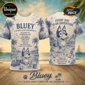 Bluey Playful Adventures Special Edition T-Shirt showing front and back views with blue line-art style character graphics.