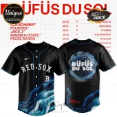 Black button-down baseball jersey featuring a blue marbled liquid print, Red Sox lettering, and Rüfüs Du Sol back graphic.!