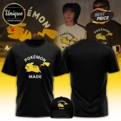 Black cotton t-shirt and baseball cap featuring a yellow Pikachu illustration with white text reading Pokémon MADE.!