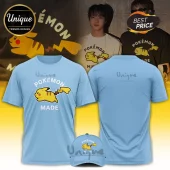 Light blue crew neck t-shirt and matching baseball cap featuring a yellow running Pikachu graphic with Pokemon Made text.!
