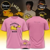 Pink cotton t-shirt and matching cap featuring a Pikachu graphic with black Pokemon Made text, front and back view.!