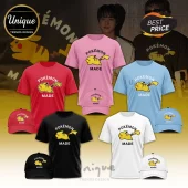 Collection of cotton t-shirts and baseball caps featuring a Pikachu graphic with Pokemon Made text in various colors.!