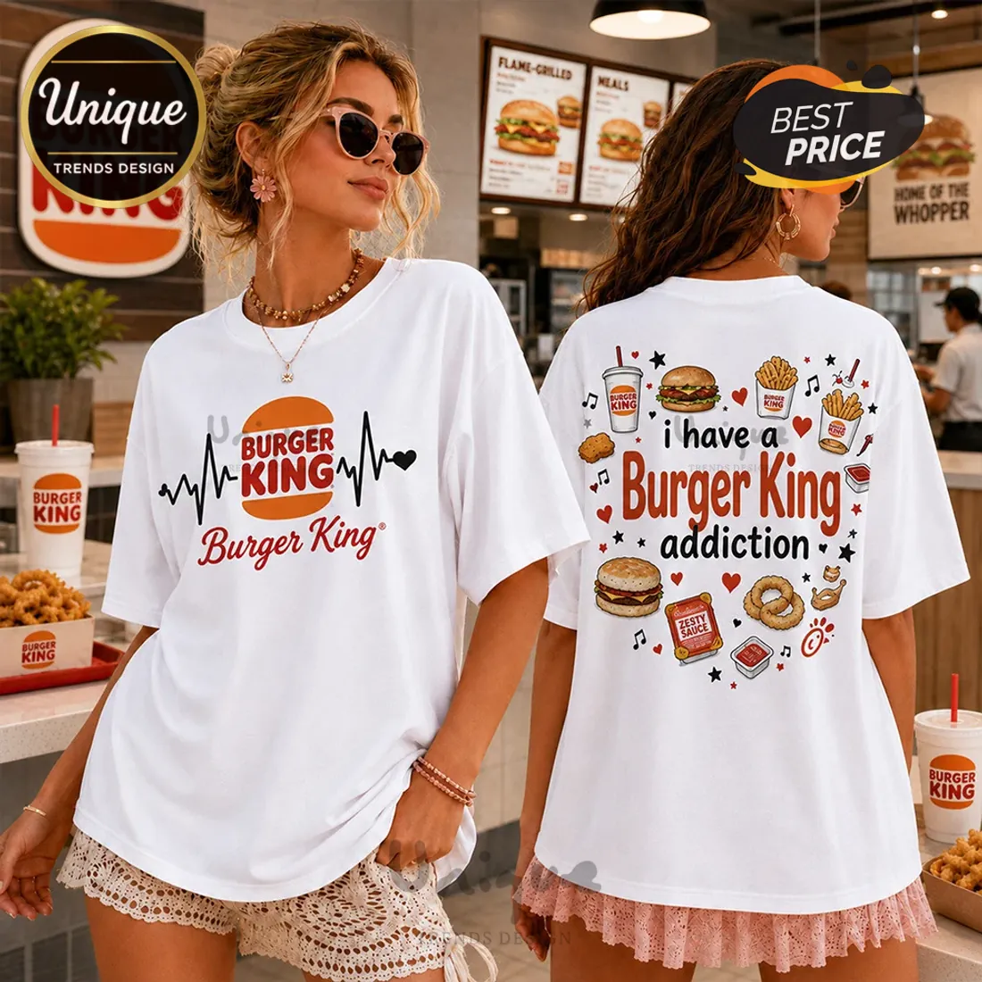 Burger King Heartbeat and Fast Food White T-Shirt Burger King Heartbeat and Fast Food White T-Shirt