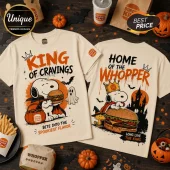 Burger King x Snoopy Home of the Whopper Halloween T-Shirt featuring graphic prints of Snoopy, burgers, and pumpkins.