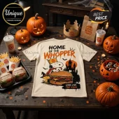 Burger King x Snoopy Home of the Whopper Halloween T-shirt featuring Snoopy with a crown, a burger, and a haunted castle.