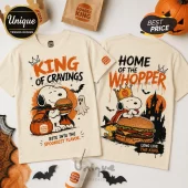 Burger King x Snoopy Home of the Whopper Halloween T-Shirt with orange graphics, cartoon characters, and spooky themes.